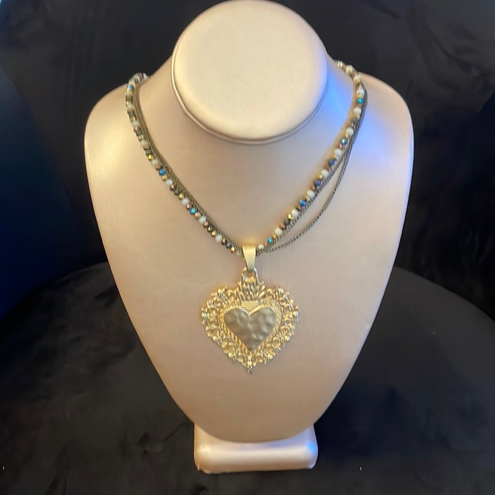 Brand new gold heart, multi-colored beaded necklace, up to 19 inches around